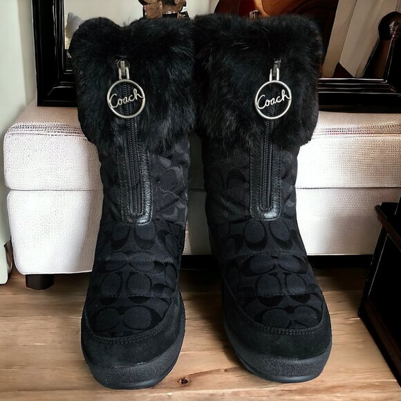 COACH ( 8 ) "FAITH"  Zip-Front Black Monogram Logo Rabbit Fur Boots - Picture 2 of 9